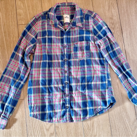 Hollister Women’s Plaid Flannel Button-Up 100% Cotton Shirt Blue & Pink - Large - Picture 5 of 11